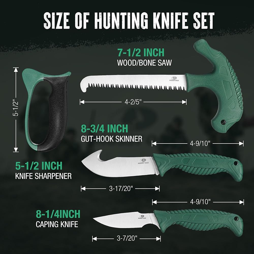 Mossy Oak Field Dressing Kit, 4 Pcs Hunting Knife Set with Portable Sheath, Gut-Hook Skinner, Caping Knife, Wood/Bone Saw, Knife Sharpener, for Deer Hunting, Camping, Perfect Hunting Gifts for Men