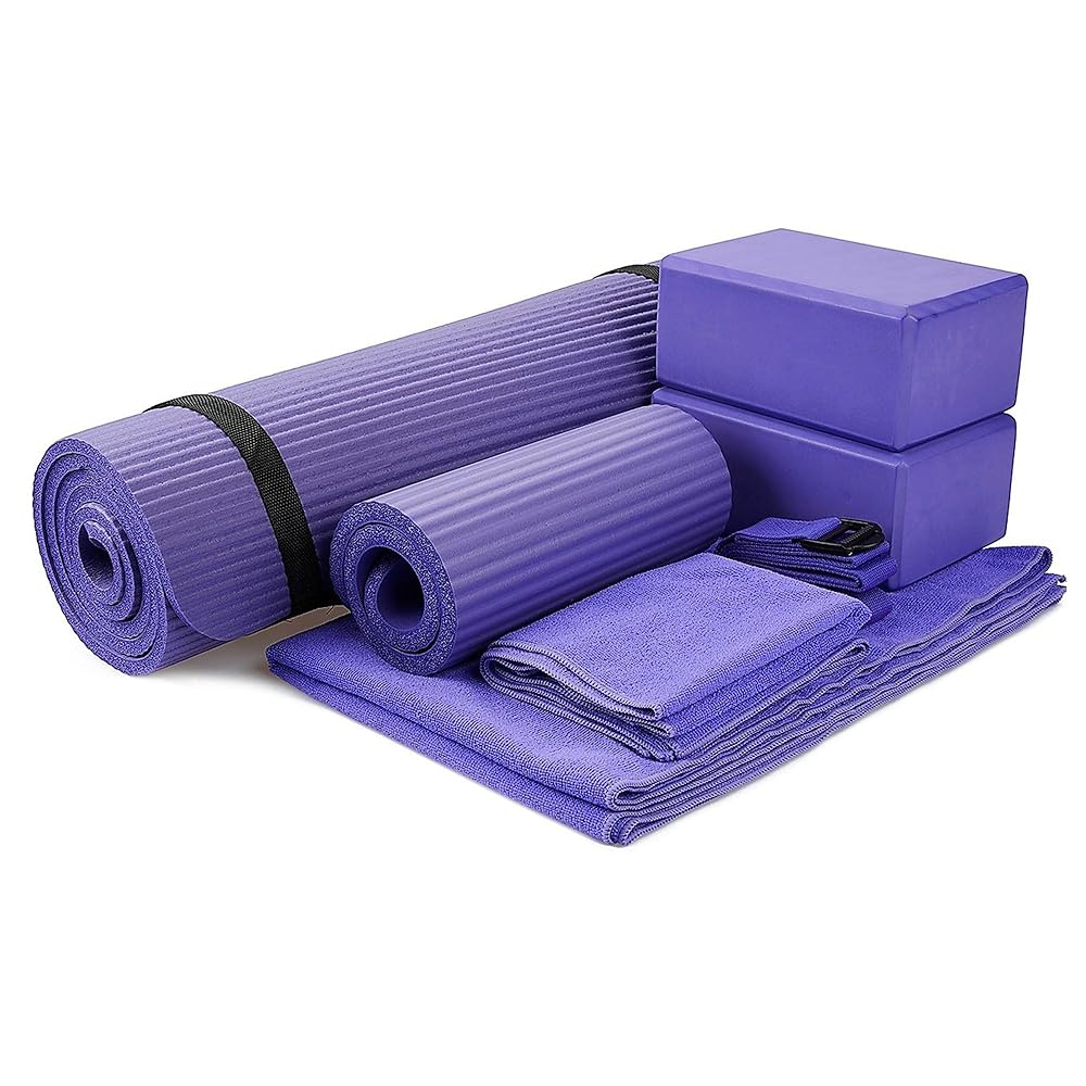 BalanceFrom GoYoga 7-Piece Set - Include Yoga Mat with Carrying Strap, 2 Yoga Blocks, Hand Towel and Knee Pad (Purple, 1/2"-Thick Mat)