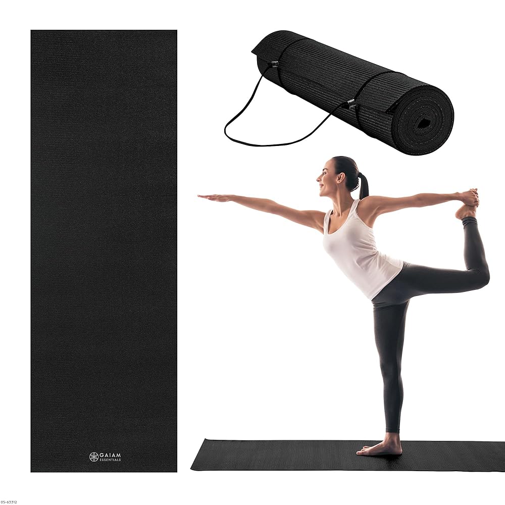 Gaiam Essentials Premium Yoga Mat with Carrier Sling, Black, 72 InchL x 24 InchW x 1/4 Inch Thick