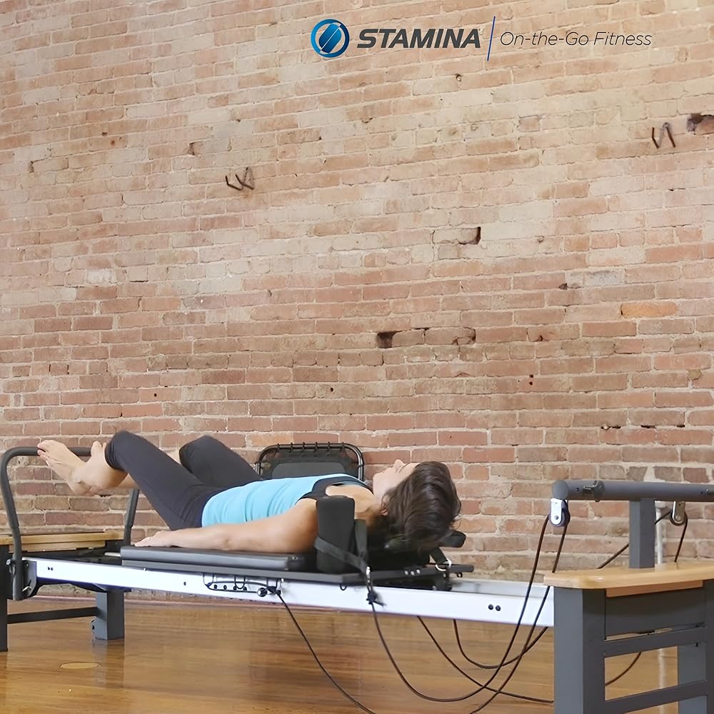 Stamina Whole Body Resistance Padded Pilates Reformer Workout System with 4 Intensity Bands for At Home Workouts, Black