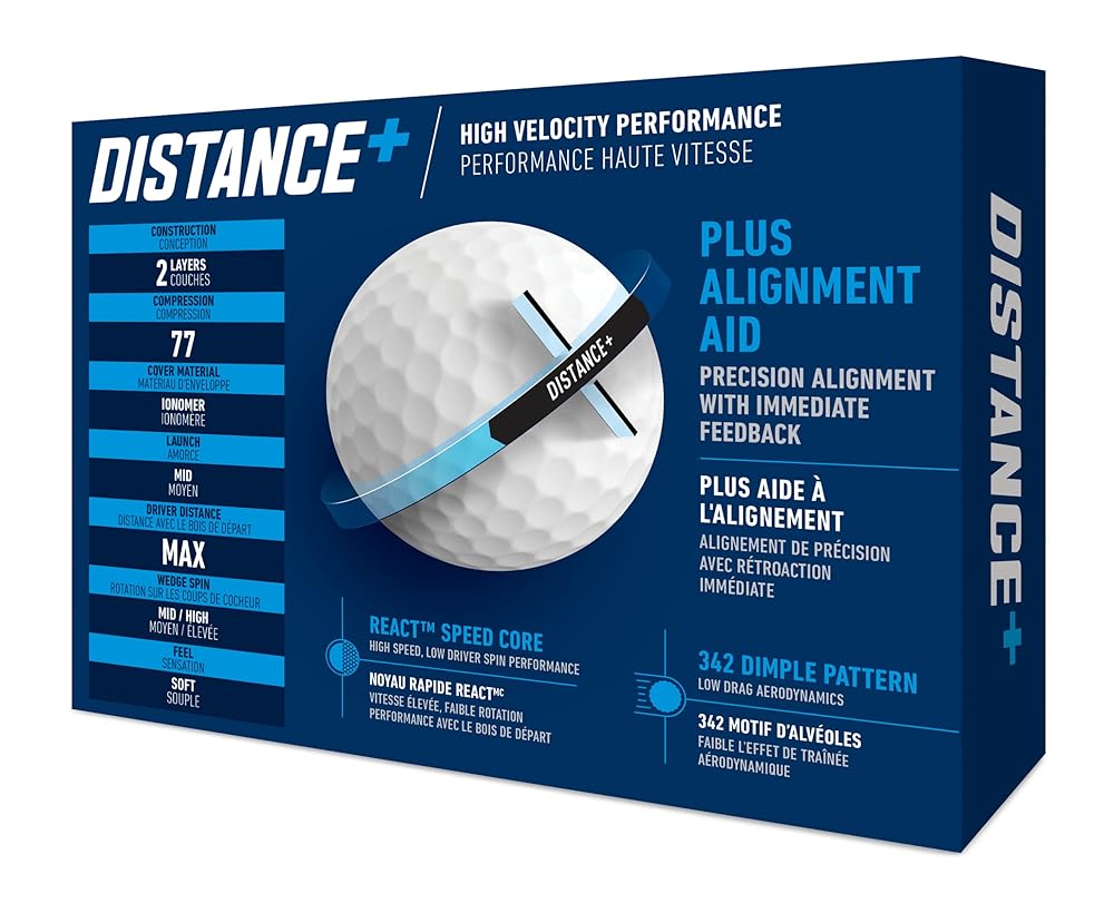 TaylorMade Distance+ Golf Balls, High-Velocity Performance, React Speed Core, Extended Flight Dimple Pattern, 12 Count, White