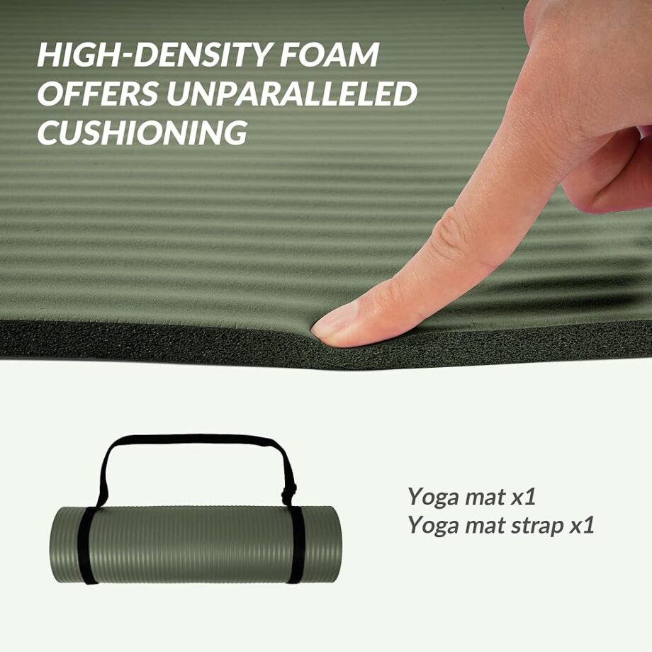 Quality Exercise Yoga Mat, 1/2-Inch Thick High-Density Foam for Full-body workout, Anti-Tear and non-slip Surface, Includes Carry Strap for Home & Studio Workouts,Green Jasper