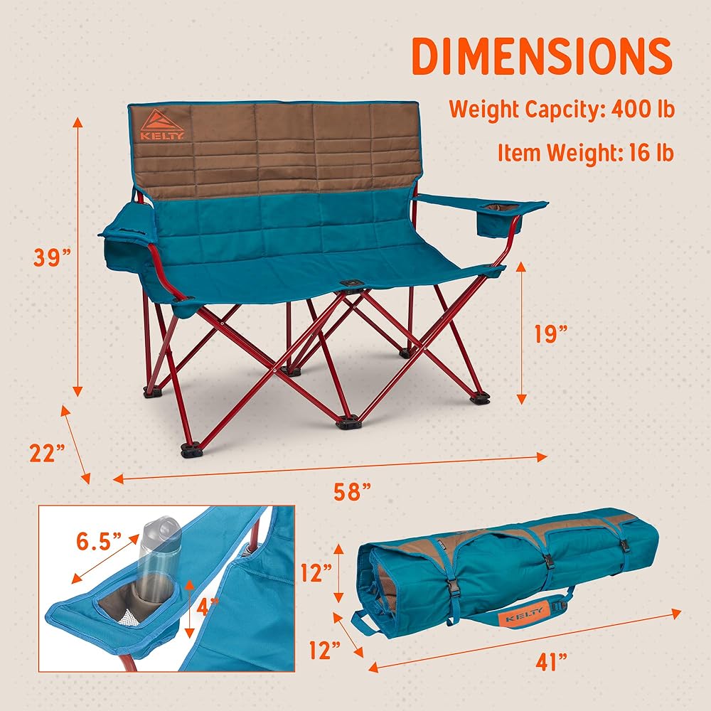 Kelty Loveseat Oversized 2-Person Heavy Duty Folding Camp Chair, Double Seat for Soccer Games, Tailgating, Beach Days (Regular Height/Deep Lake)