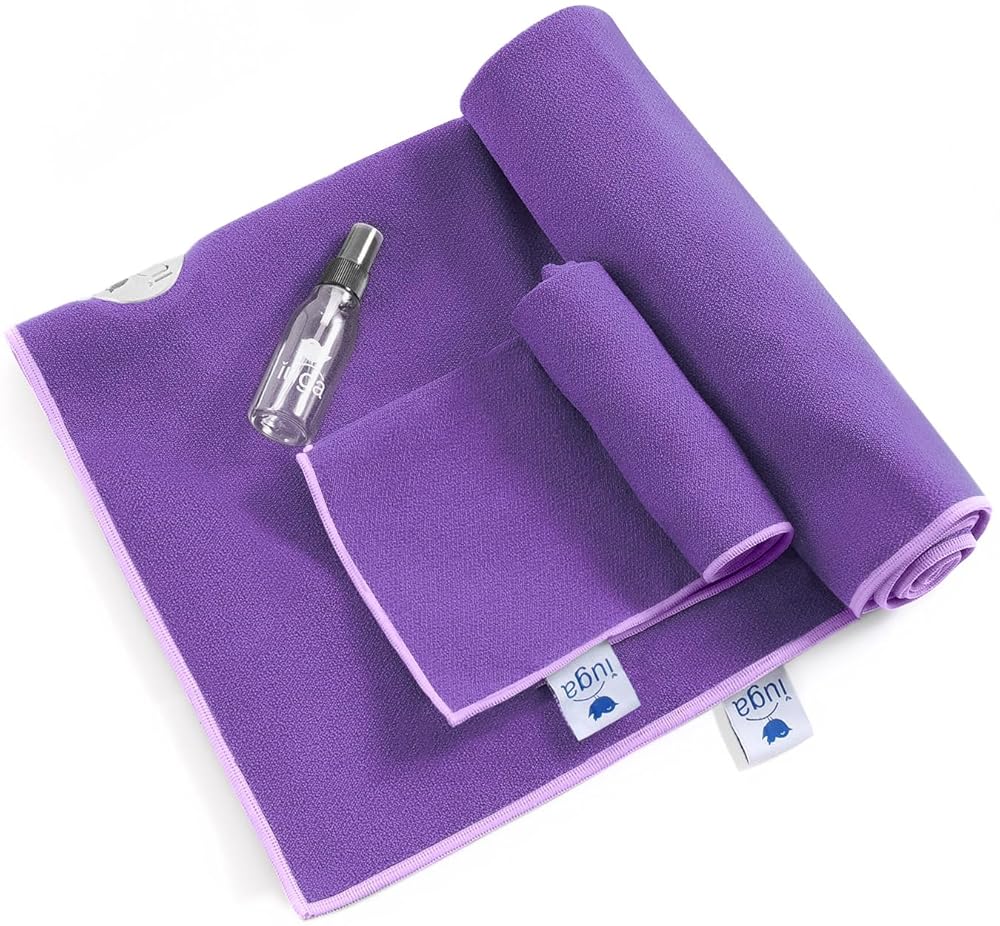 IUGA Yoga Towel for Hot Yoga Non Slip Extra Thick Yoga Mat Towel + Hand Towel 2in1 Set with Corner Pockets Super Absorbent and Quick Dry Hot Yoga Towel
