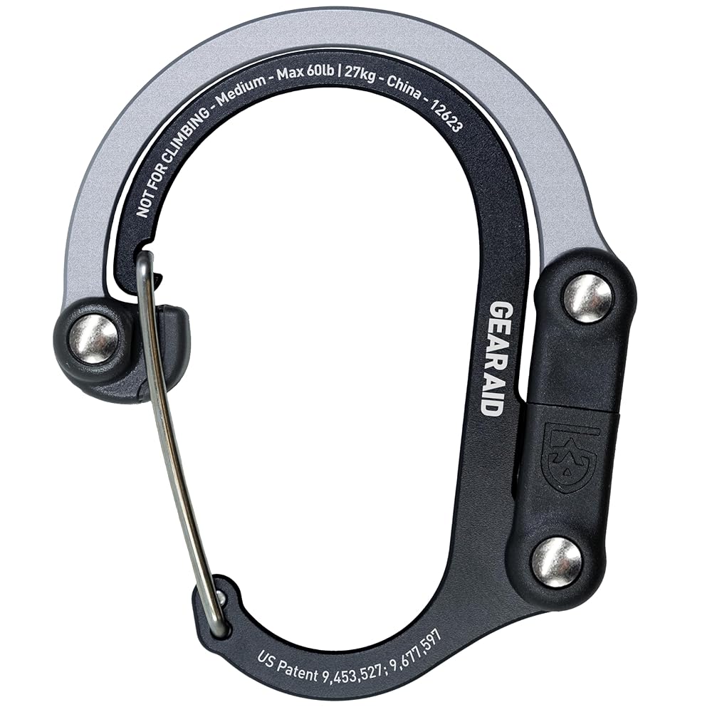 GEAR AID HEROCLIP Carabiner Gear Clip and Hook (Medium) for Camping, Backpack, and Garage Organization, Black and Gray, 2 Pack