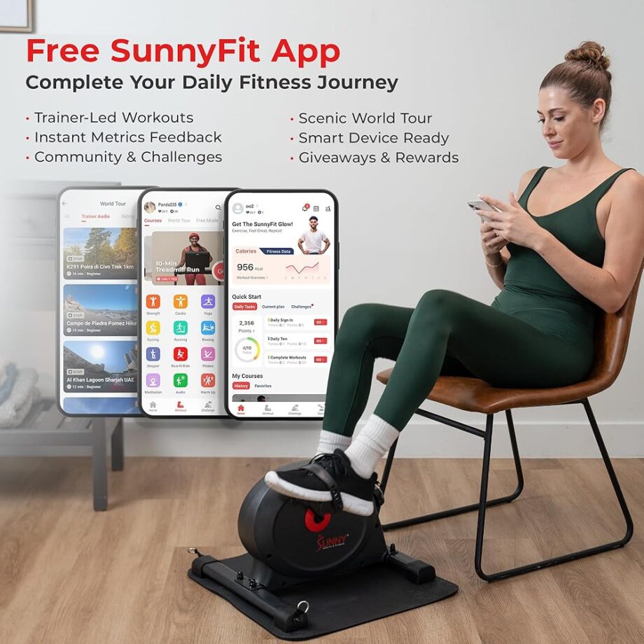 Sunny Health & Fitness Under Desk Smart Mini Pedal Exerciser, Exercise Cycle Bike and Mat/Workout Bands with Low Profile Design - SF-B0418SMART