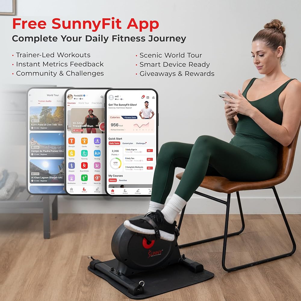 Sunny Health & Fitness Under Desk Smart Mini Pedal Exerciser, Exercise Cycle Bike and Mat/Workout Bands with Low Profile Design - SF-B0418SMART