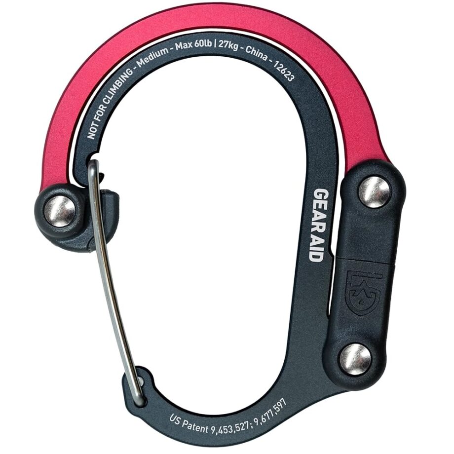 GEAR AID HEROCLIP Carabiner Gear Clip and Hook (Medium) for Camping, Backpack, and Garage Organization, Black and Red, 1 Pack