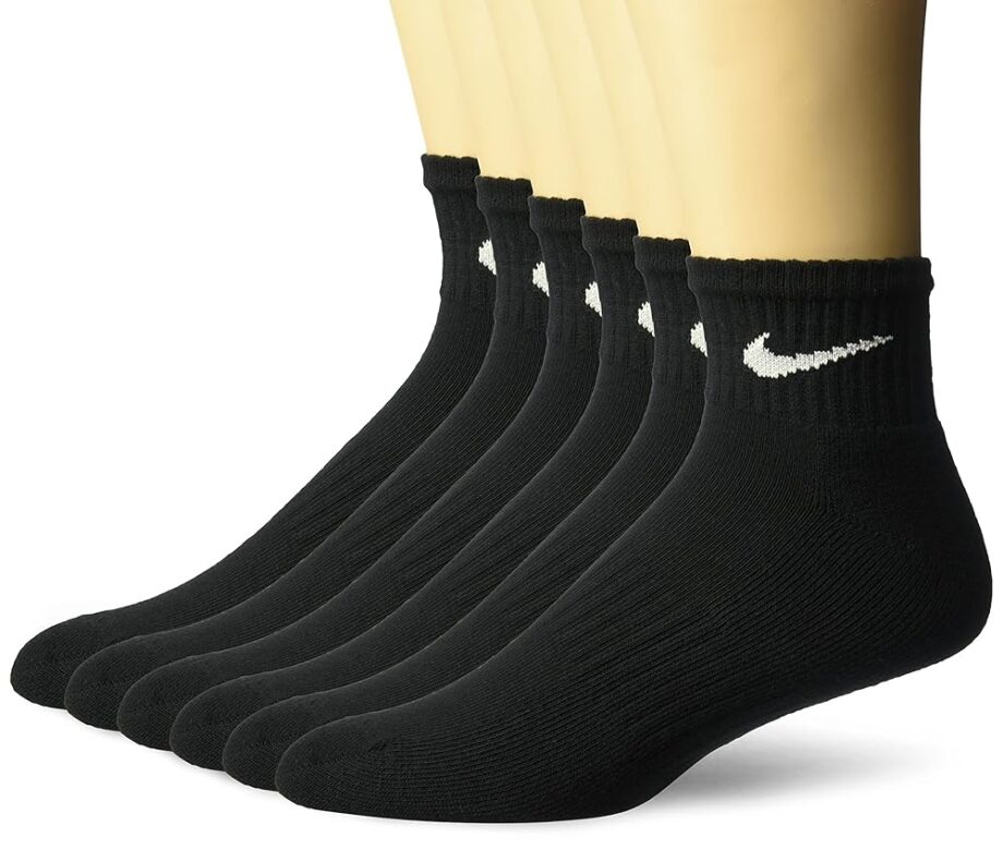 NIKE Unisex Performance Cushion Quarter Socks with Band (6 Pairs), Black/White, Medium