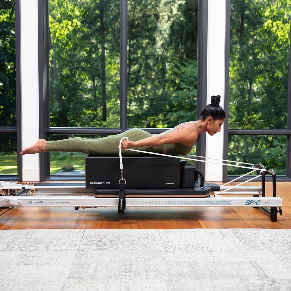 Merrithew™ At Home SPX® Reformer Package with Reformer Box, Footstrap, Padded Platform Extender and Metal Roll-up Pole – Pilates Workouts at Home(BLACK)