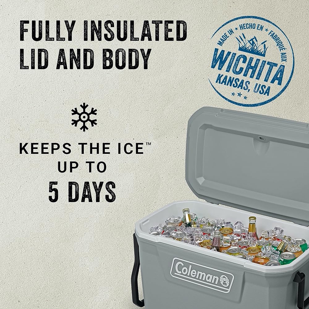 Coleman Classic Series Insulated Portable Rolling Cooler with Wheels, Leak-Resistant Outdoor Hard Cooler Keeps Ice up to 5 Days, 62-Quart