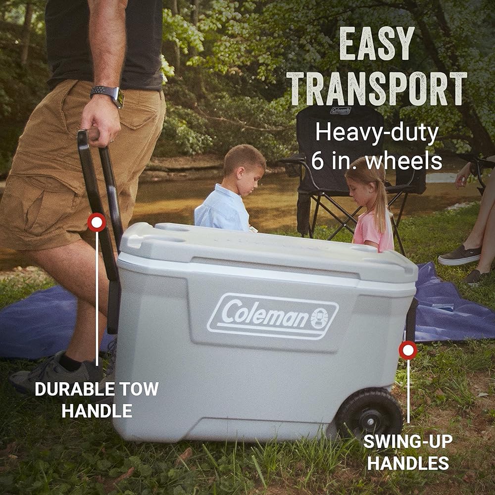 Coleman Classic Series Insulated Portable Rolling Cooler with Wheels, Leak-Resistant Outdoor Hard Cooler Keeps Ice up to 5 Days, 62-Quart