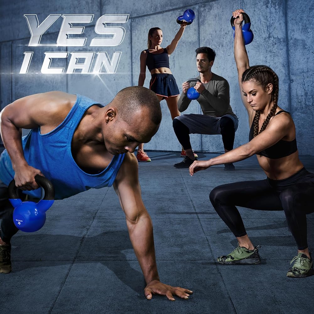 Yes4All Kettlebell, 15 lb Vinyl Coated Cast Iron Kettlebell Set of 2 for Home Gym Exercises, Heavy Weights Gym, Fitness, Full Body Workout Equipment, Push up, Grip, Strength Training - Blue