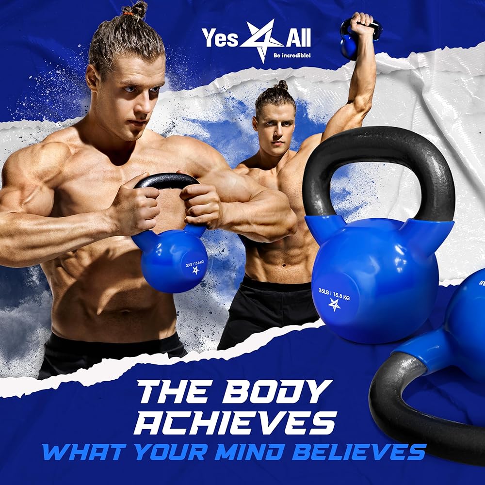 Yes4All Kettlebell, 15 lb Vinyl Coated Cast Iron Kettlebell Set of 2 for Home Gym Exercises, Heavy Weights Gym, Fitness, Full Body Workout Equipment, Push up, Grip, Strength Training - Blue