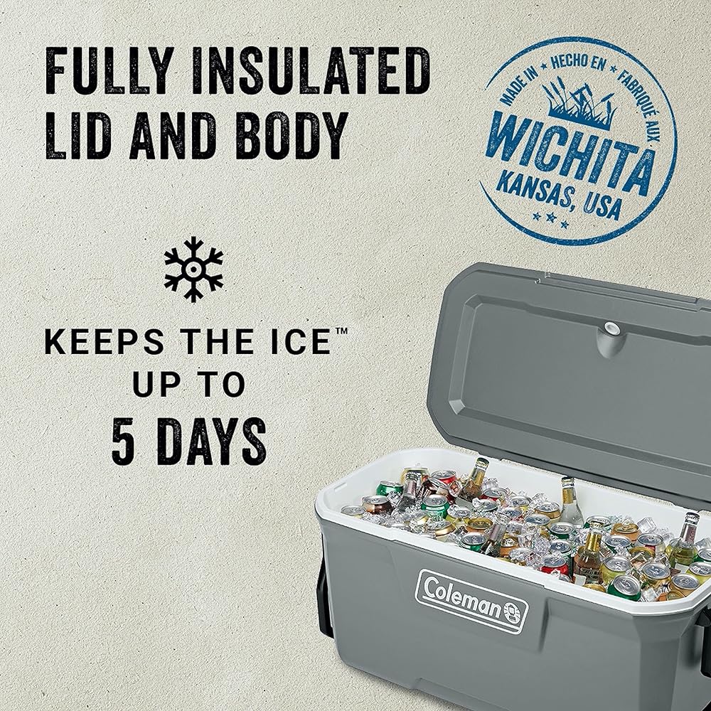 Coleman Classic Series Insulated Portable Rolling Cooler with Wheels, Leak-Resistant Outdoor Hard Cooler Keeps Ice up to 5 Days, 100-Quart