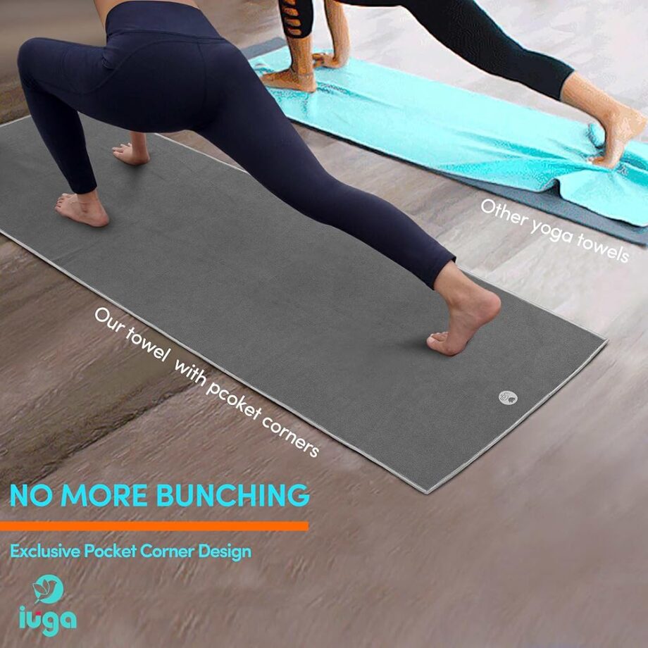 IUGA Non Slip Yoga Towel, Extra Thick Hot Yoga Towel + Hand Towel 2in1 Set with Corner Pockets Design, 100% Microfiber – Non Slip, Super Absorbent and Quick Dry